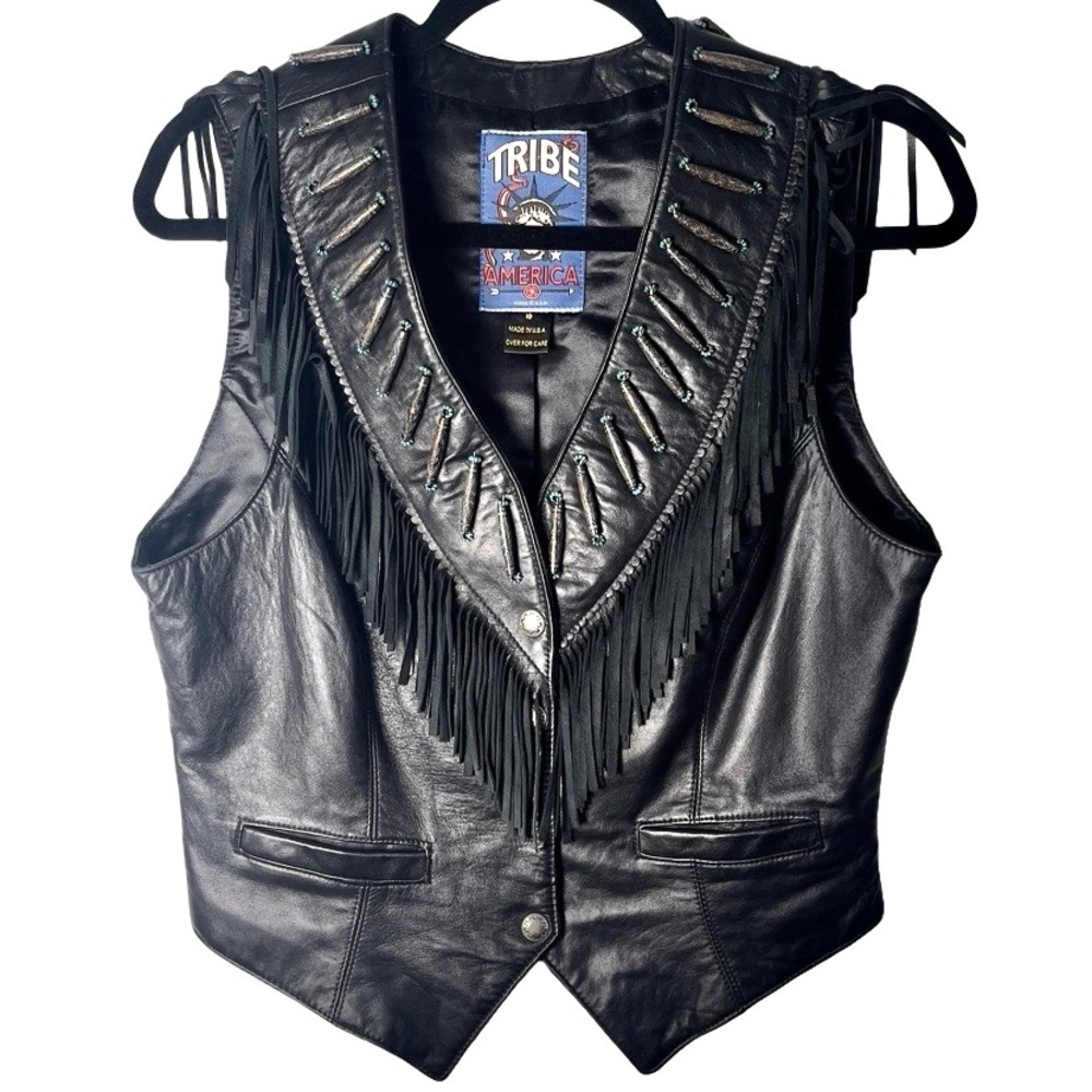 Tribe America Black Leather Fringe Vest